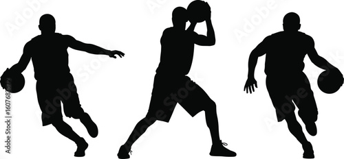 Basketball players action silhouette, dribbling and shooting poses vector art, athletic motion illustration, sport figure CAD flat design