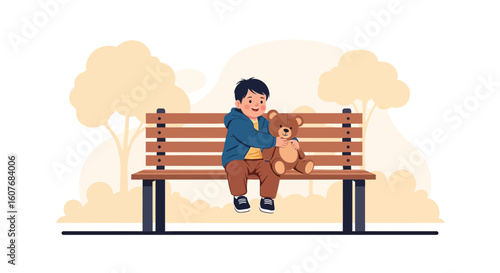 Boy With Teddy Enjoying Peaceful Time On Park Bench Illustration
