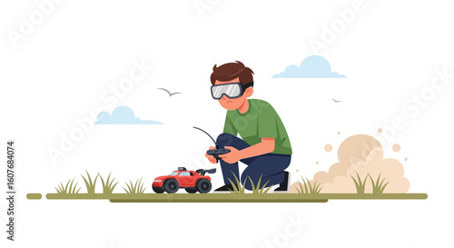 Boy With Vr Goggles Playing With A Radio Controlled Car Outdoor