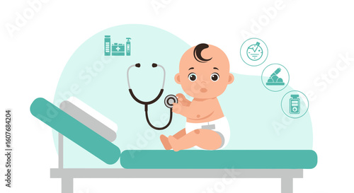 Baby Healthcare With Stethoscope On Examination Table Illustration Design