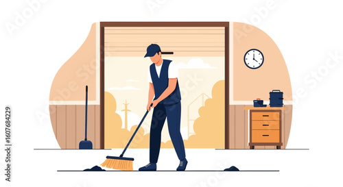 Brooming Operation: A Worker Sweeps Indoor Space, Maintaining Cleanliness And Hygiene