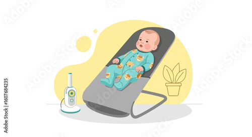 Baby Relaxation In Bouncer Beside Monitor And Potted Plant Illustration