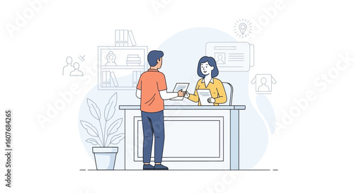 Business Meeting Or Job Interview Presentation At Reception Desk Illustration