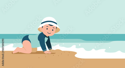 Baby's First Beach Crawl Adorable Toddler Exploring Sand and Ocean
