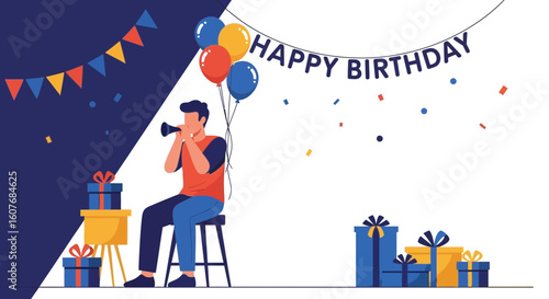 Birthday Celebration With Man Blowing Horn And Decorations Background Graphic