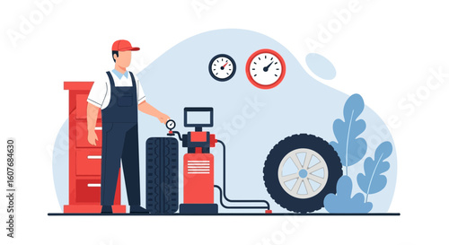 Car Tire Service Station Featuring Mechanic with Equipment Illustration