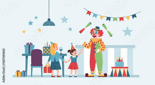 Birthday Party Entertainment Clown With Children Celebrating At Home Indoors