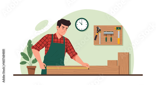 Carpenter Measuring Wood Plank In Workshop For Diy Project Preparation