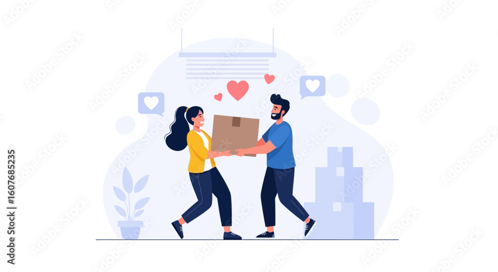 Fototapeta premium Couple Moving Into New Home Sharing a Box Full of Love Together