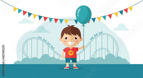 Cartoon Boy Enjoying Amusement Park With Roller Coaster And Decorative Flags