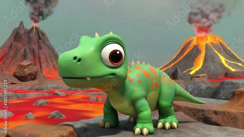 A cute, cartoon dinosaur amidst a volcanic landscape, illustrating prehistoric life and adventure. The lively illustration presents a young dinosaur, highlighting a moment of its journey on Earth.
