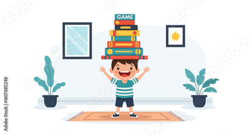 Boy Balancing Stack Of Books On Head With Joy In Living Room