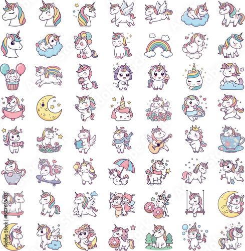 Cute unicorns with rainbow manes and tails in various poses fantasy magical