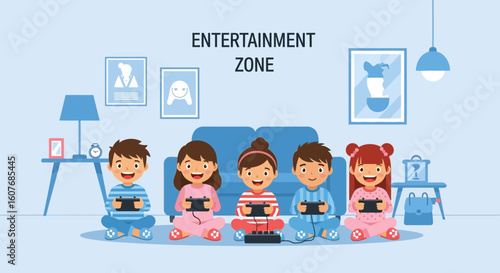 Cartoon Children Playing Video Games Together In An Entertainment Room Illustration