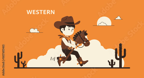 Cartoon Cowboy Rides A Stick Horse In The Sunset Western Background