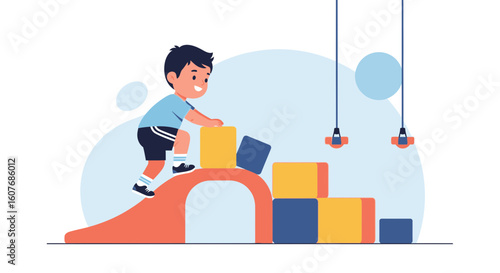 Boy Climbing Over Playground Equipment, Child Playtime Adventures Vector Illustration