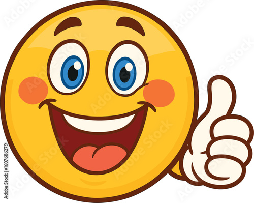 Expressive cartoon emoji face with thumbs up, tongue out, happy mood, fun vector icon for app, sticker, digital communication