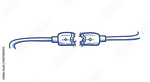 Broken audio cable connector illustration in blue outline design  