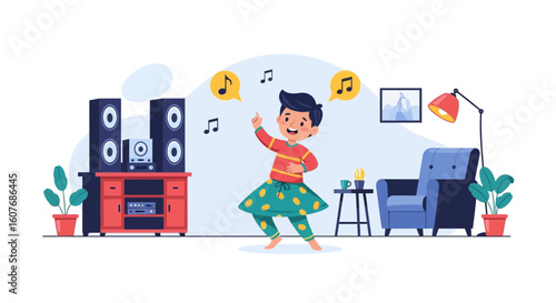 Boy Dancing Happily At Home Enjoying Music From Speakers In Living Room