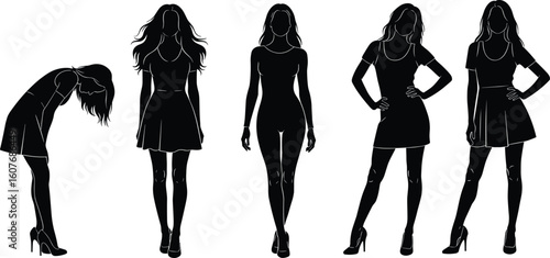 Cad drawing flat vector illustration of female silhouette poses including standing, stretching, bending and fashion stance in black style