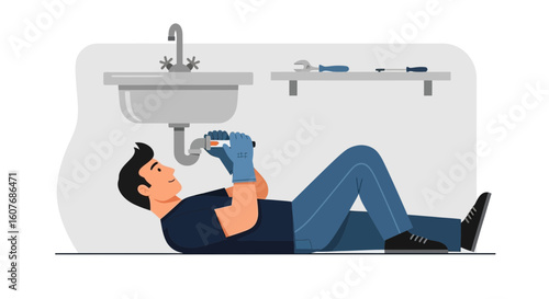 Cartoon Plumber Fixing Sink Pipes With Wrench Lying Down On Floor