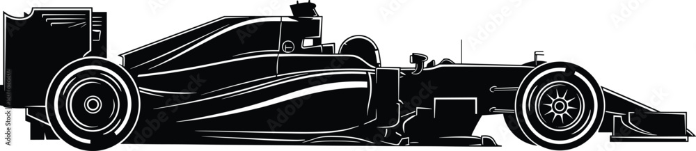 Obraz premium Silhouette of Formula 1 race car side view, sleek aerodynamic vector illustration for motorsport icon, speed poster, auto racing design
