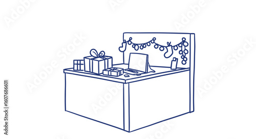 Holiday-themed workspace with wrapped gifts and decorations. holiday decoration on cubicle 