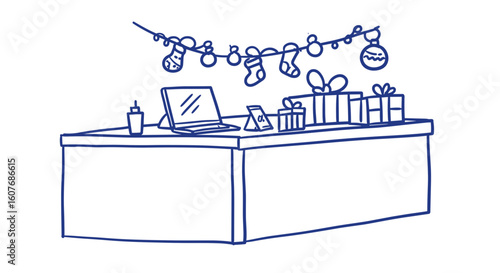 holiday decoration on cubicle. Holiday-themed desk with gifts and decorations in outline style  
