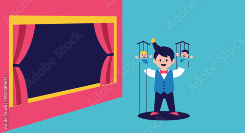 Cartoon Puppeteer Performing On Stage For Children's Entertainment With Happy Face