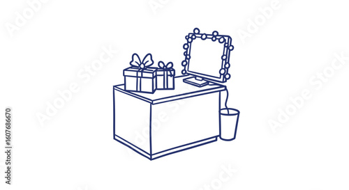 Desk with holiday gifts and decorated mirror in outline style. holiday decoration on cubicle  