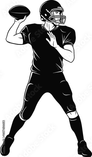 American football quarterback throwing pass silhouette, dynamic athlete vector illustration for sports icon, game action pose, competitive team concept