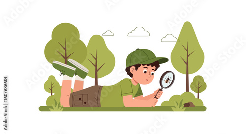Boy Discovering Nature With A Magnifying Glass In A Green Environment