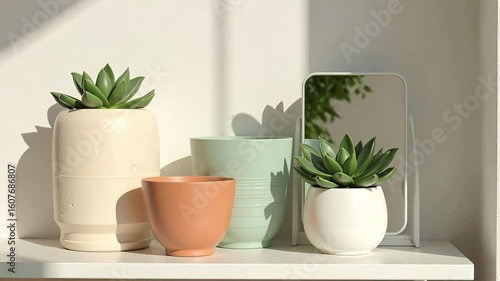 Wallpaper Mural Still life of succulents in pots with a mirror casting shadows on a white surface indoors Torontodigital.ca