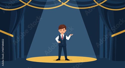 Cartoon Young Presenter Standing On Stage Under A Spotlight Curtain