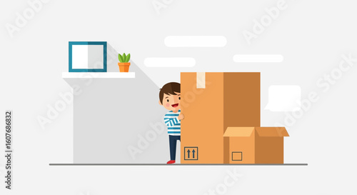 Cartoonish Boy Hiding Behind Moving Boxes With Houseplant And Frame