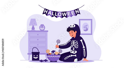 Boy Dressed Up in Skeleton Costume for Halloween Party Picking Up Candy