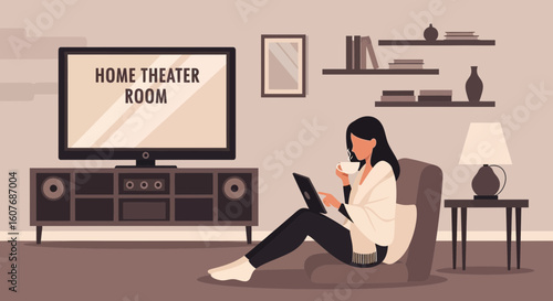 Cozy Evening Woman Relaxing With a Tablet In Home Theater Comfort