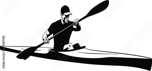 Kayaker paddling in action silhouette, adventure water sport vector illustration for outdoor recreation icon, fitness activity, athlete concept