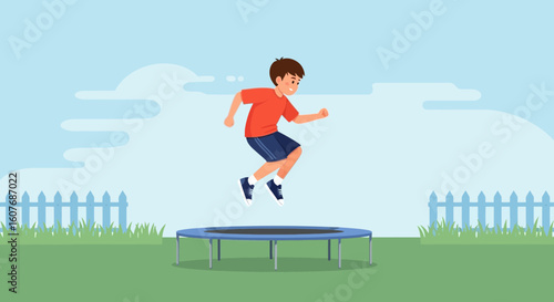 Boy Enjoying Outdoor Recreation Leaping High on a Trampoline in the Backyard