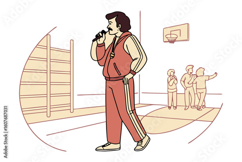 Energetic coach addresses athletes in gymnasium with microphone during sports training session