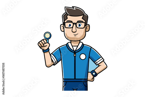 A friendly cartoon man wearing glasses and a blue uniform holds a small object in his hand
