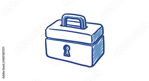 petty cash box lock. Hand-drawn toolbox with lock in blue outline style  