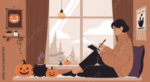 Cozy Halloween Writing Session Beside the Window Overlooking the City