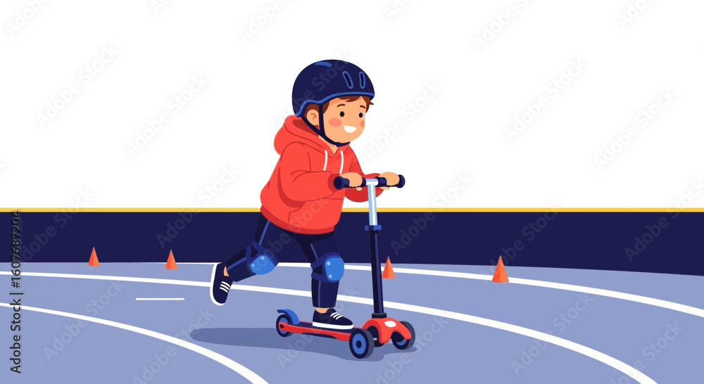 Obraz premium Boy Enjoys Scooter Ride in Training Area for Practicing Balance And Coordination