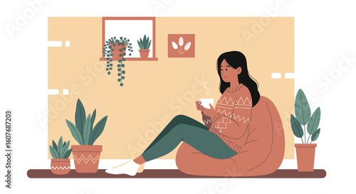 Cozy Indoor Scene With Woman Relaxing On Beanbag Chair With Coffee