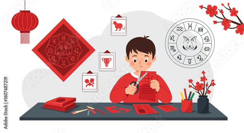 Celebrating Lunar New Year: Child Creating Paper Cutting for Festive Decoration