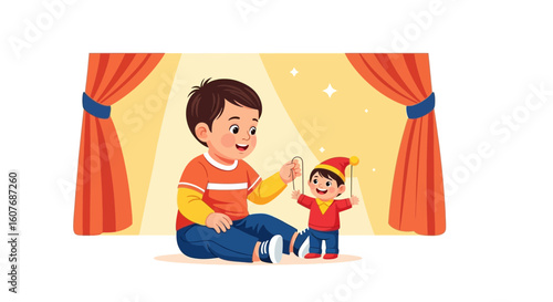 Boy Entertaining With Marionette On Stage Home Puppet Theater Show
