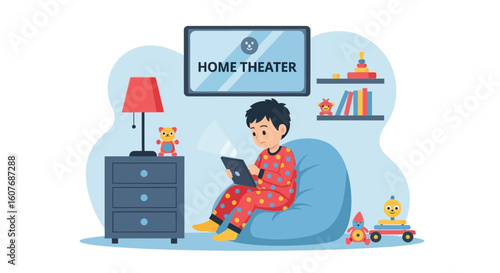 Boy Enjoys Tablet In Cozy Home Theater Cartoon Illustration