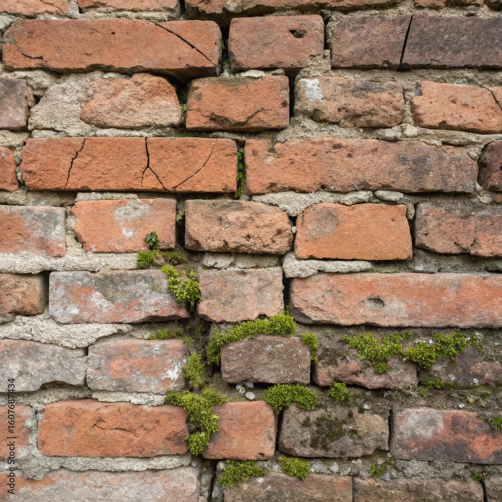 Fototapeta premium Exploring the rustic charm of Austrian brick texture with moss accents against a weathered wall