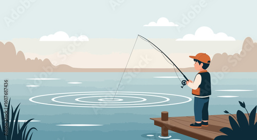 Boy Fishing On A Dock Cartoon Illustration Leisure Activity By The Lake